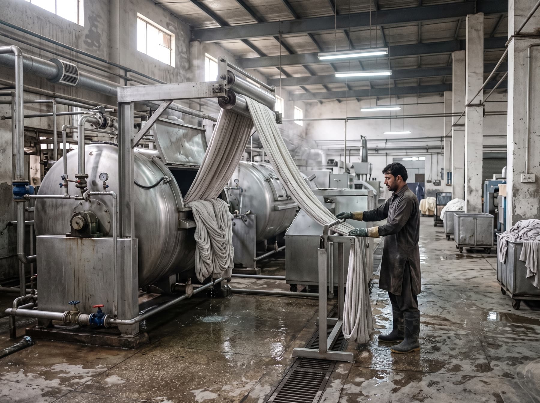 Illustration: towel fabric leaving a stainless-steel dyeing machine