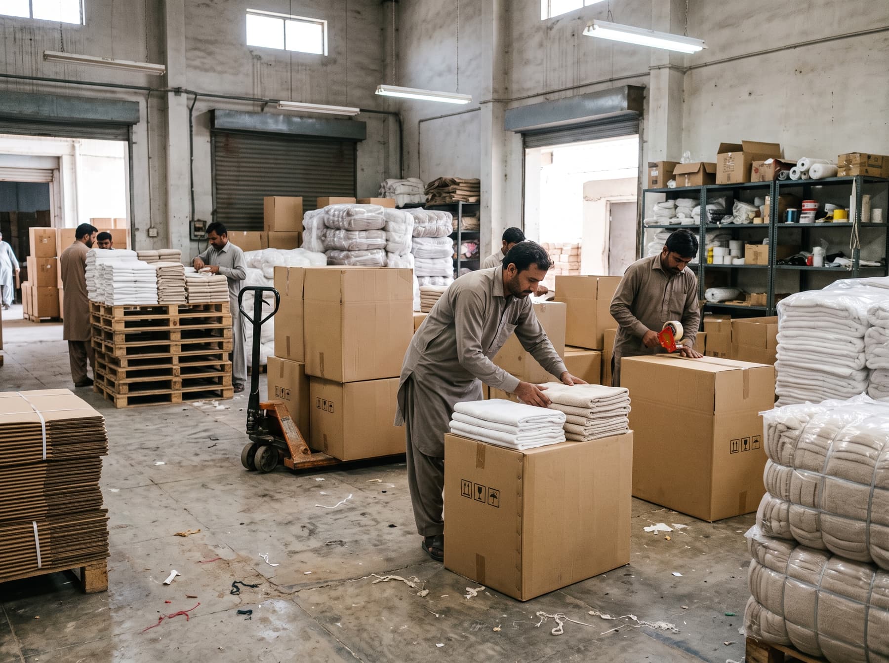 Illustration: workers packing folded towels into export cartons