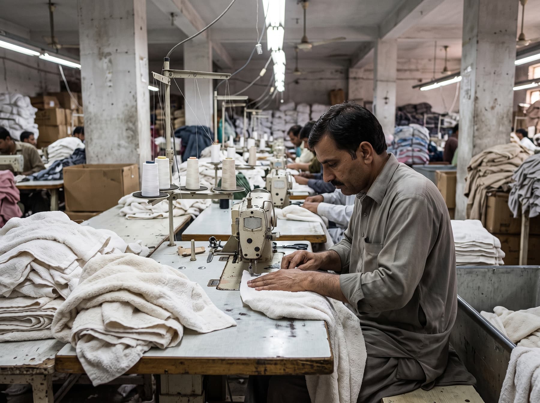 Illustration: an operator hemming a white towel on an industrial sewing machine