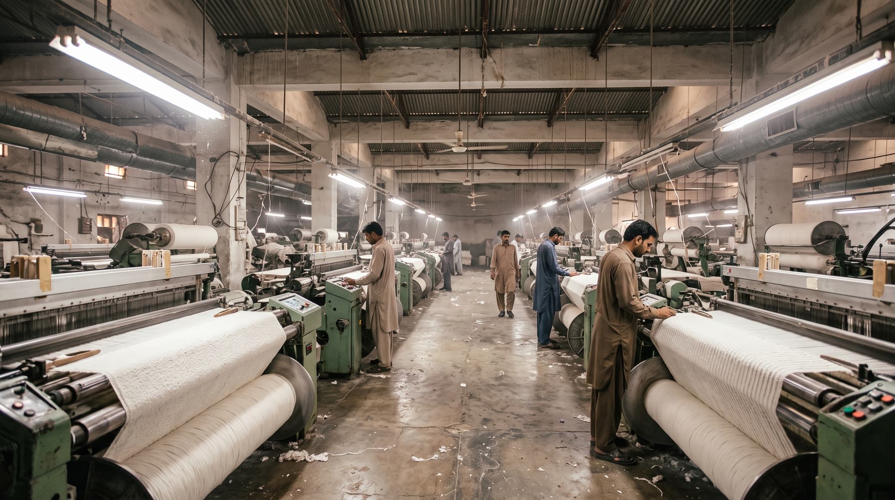 Illustration: a hall of terry looms weaving white towel fabric