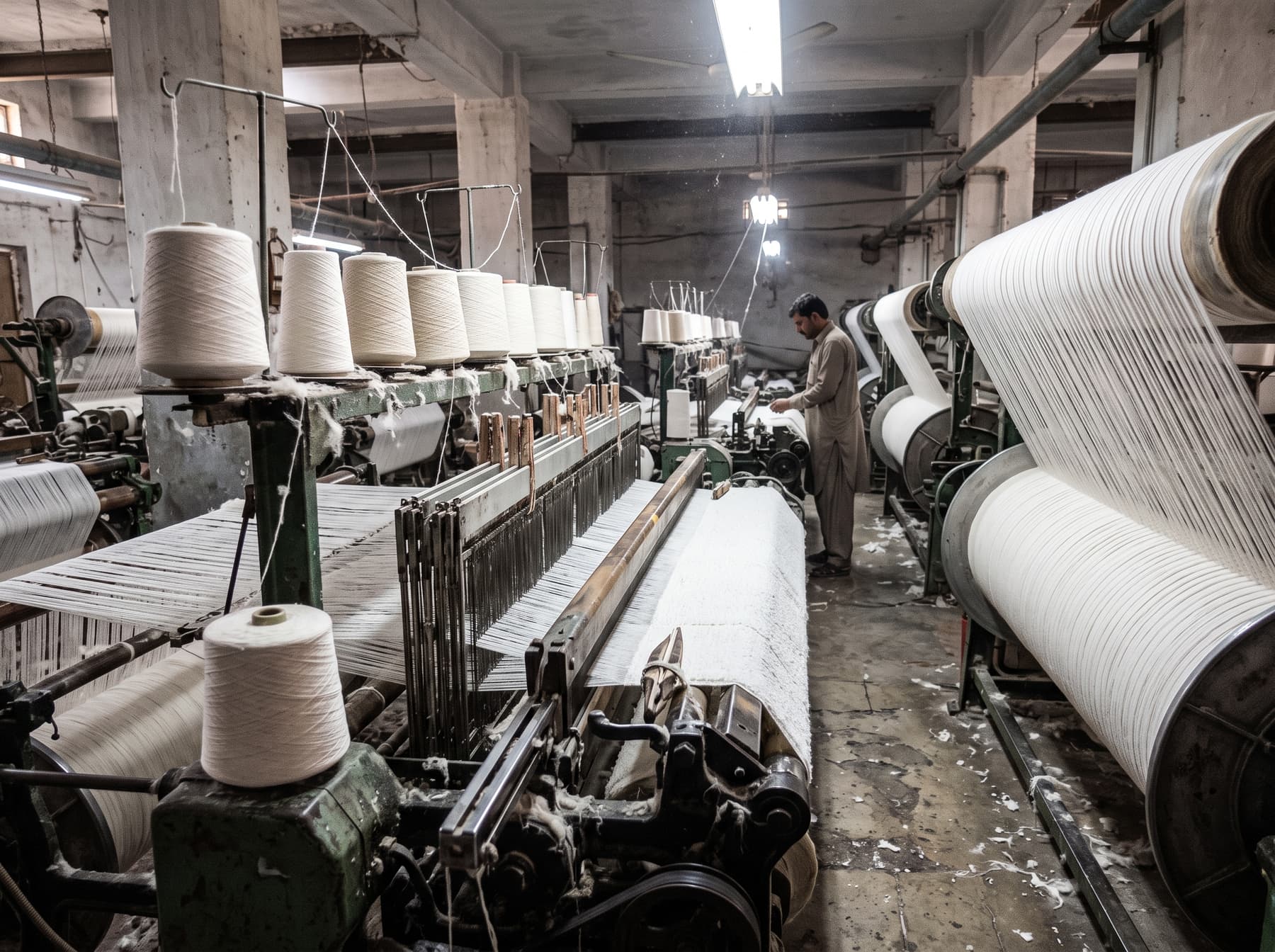 Illustration: cones of cotton yarn feeding a terry loom