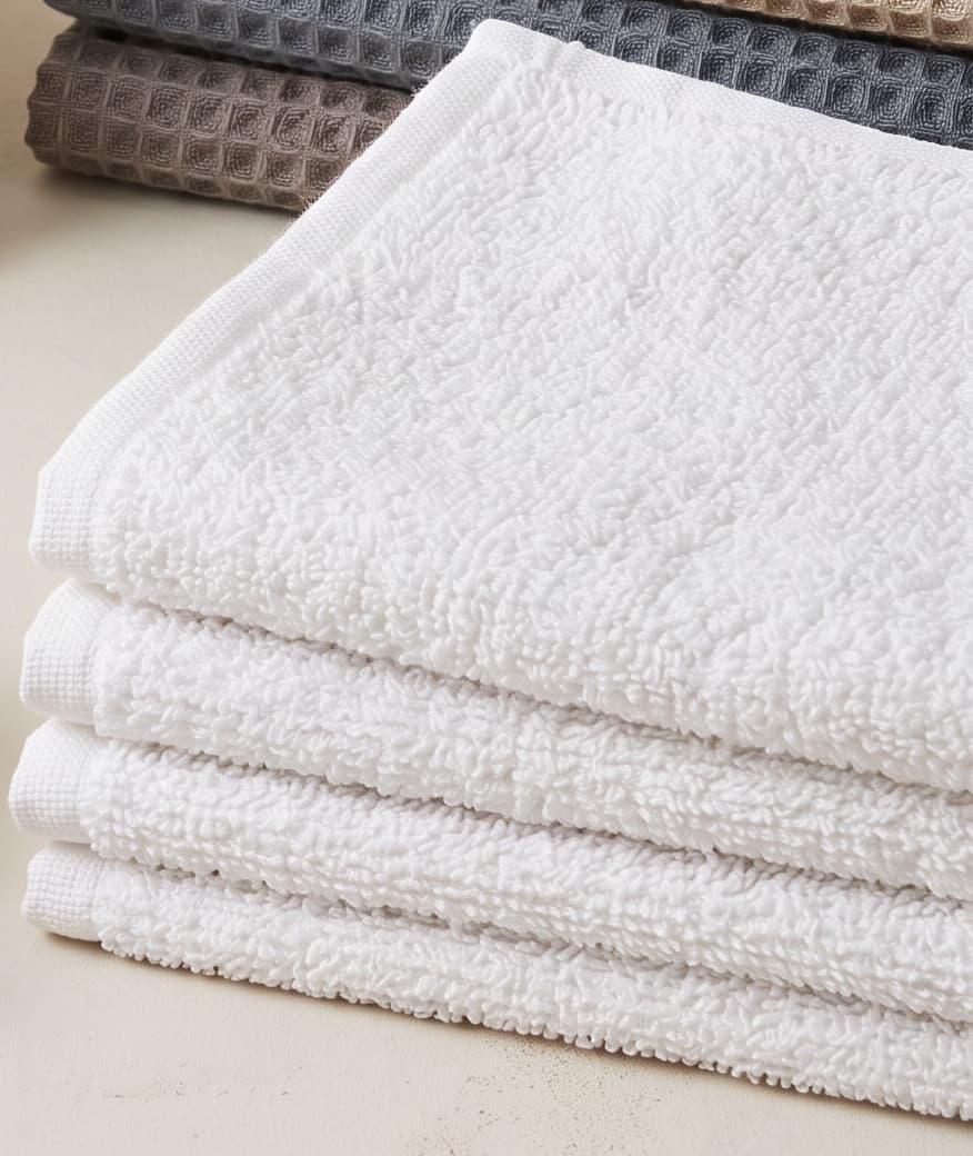 A stack of folded white terry bar mops