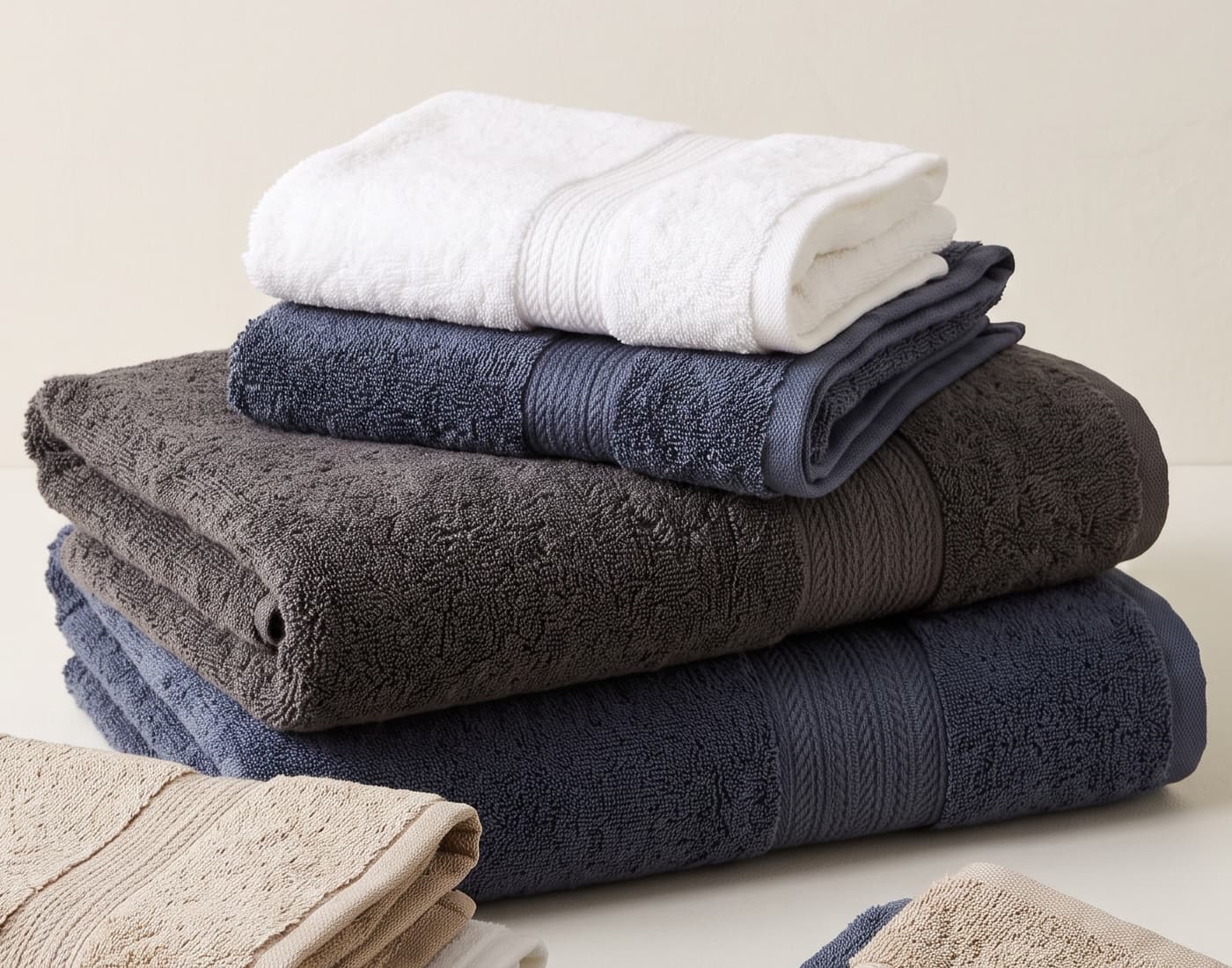 Stacked cotton bath towels in white, slate blue and charcoal with woven borders
