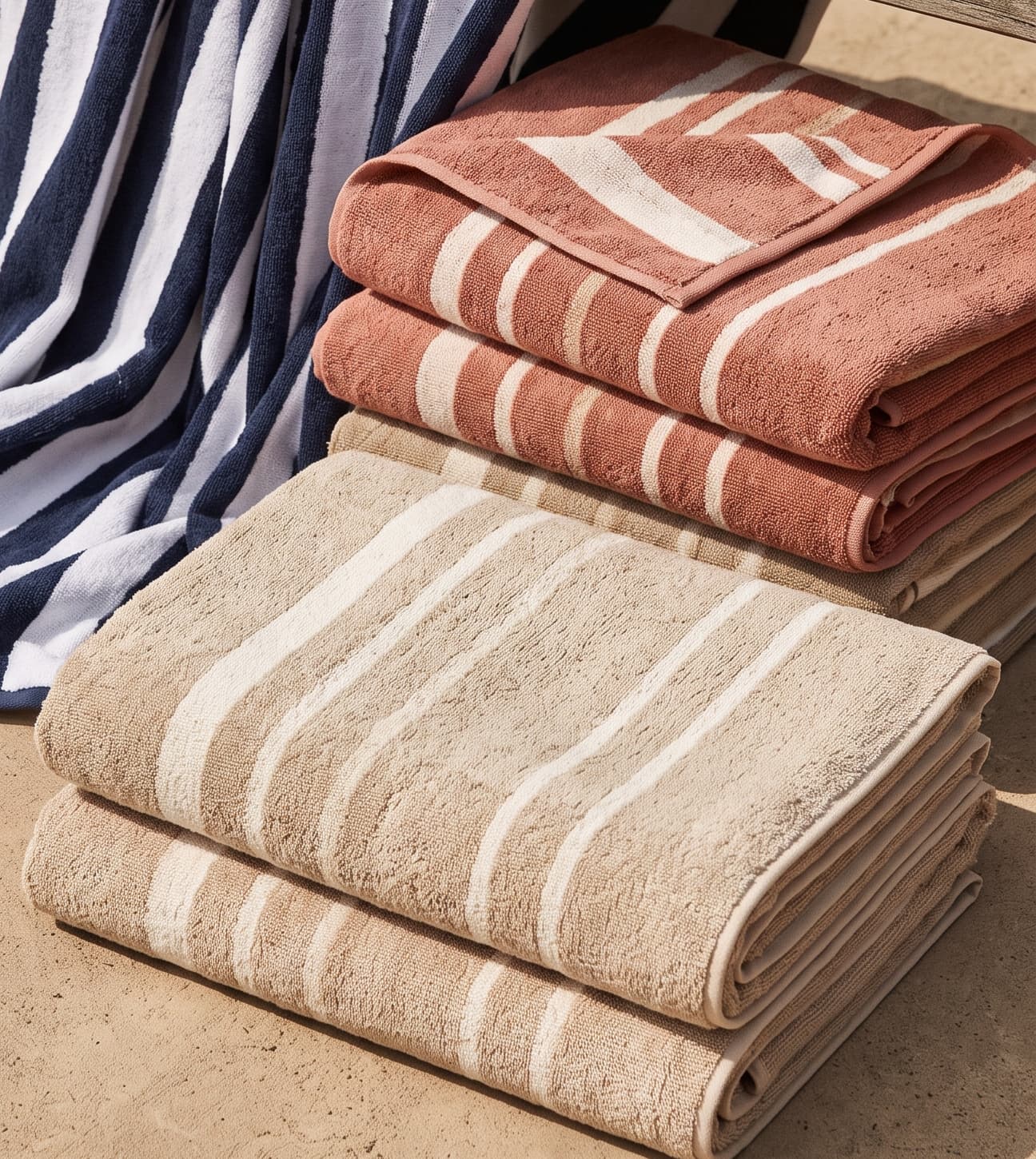 Folded terracotta and sand striped pool towels