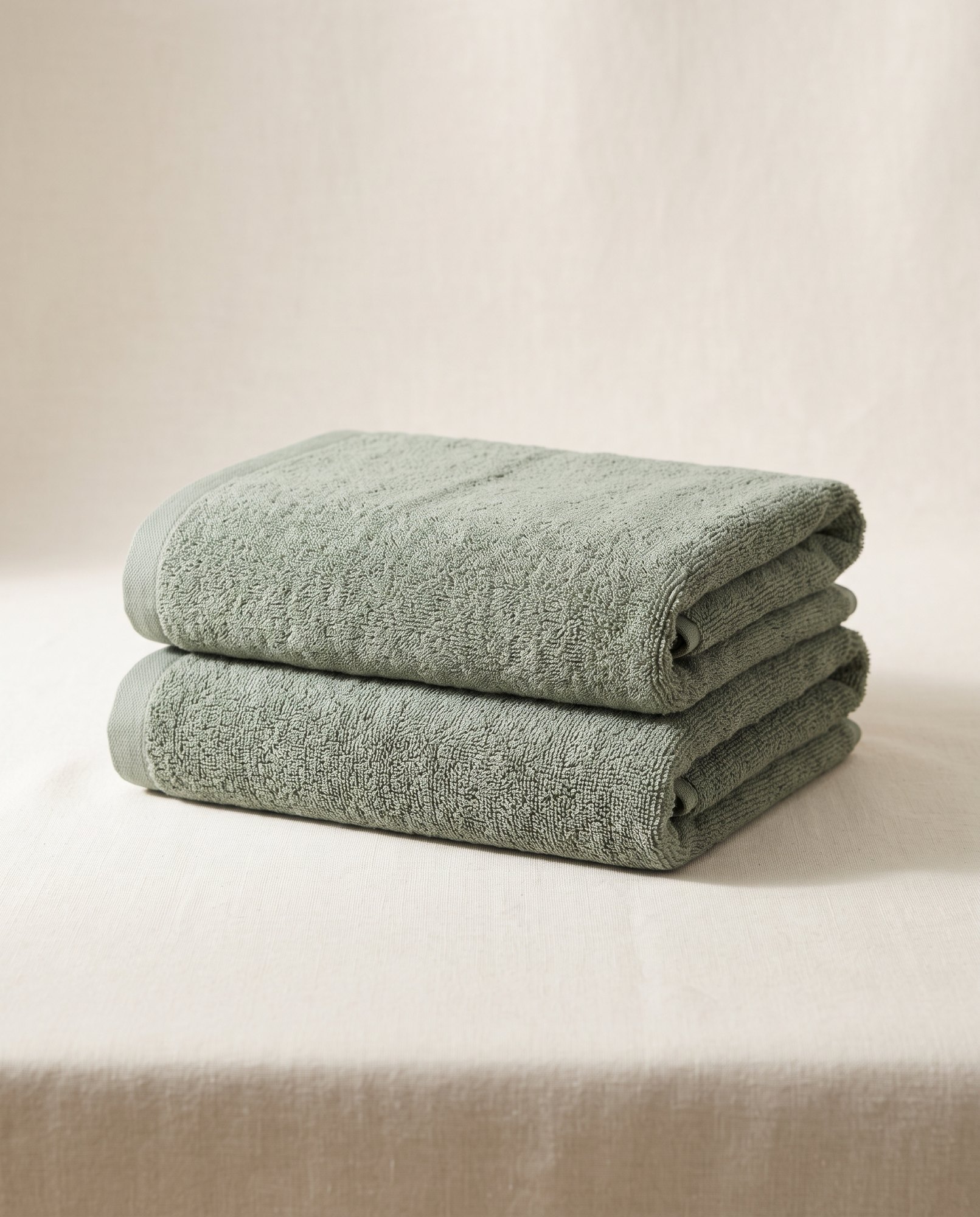 Folded spa towels in a muted green tone