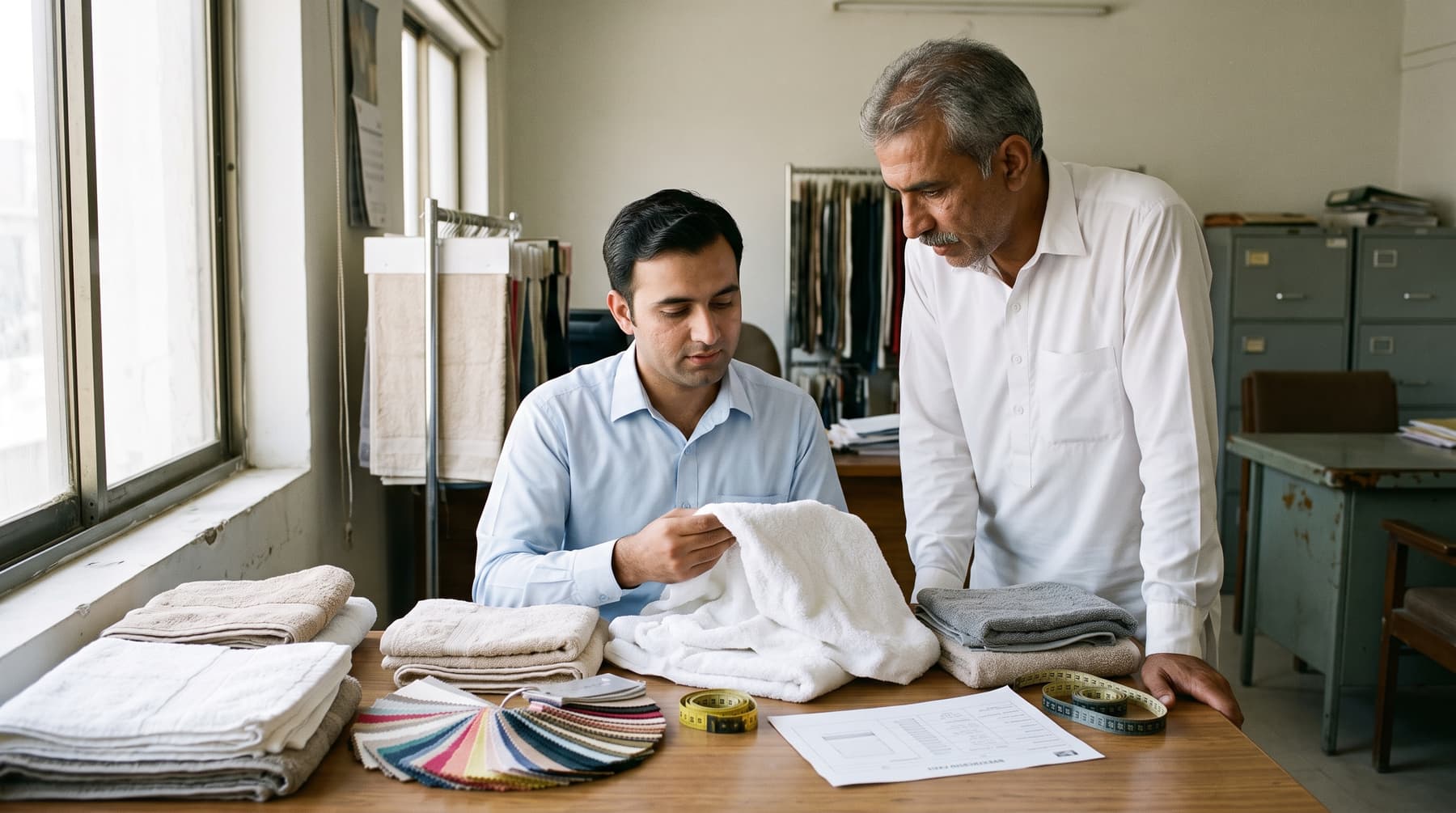 Illustration: two people reviewing towel samples and a specification sheet